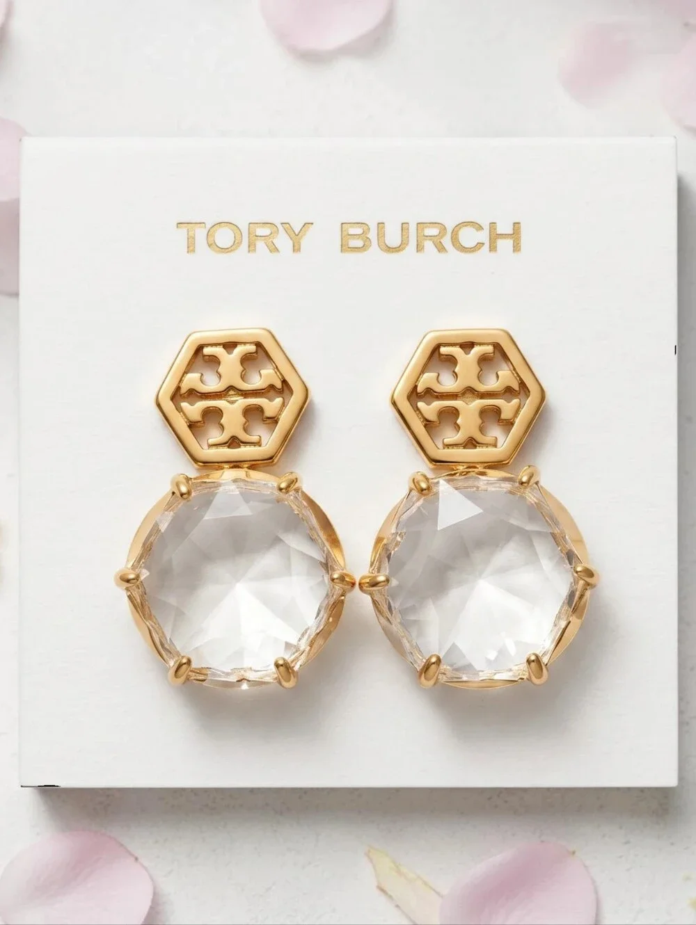 Tory Burch Gold-Tone Crystal Clear Hexagon Logo Drop Earrings